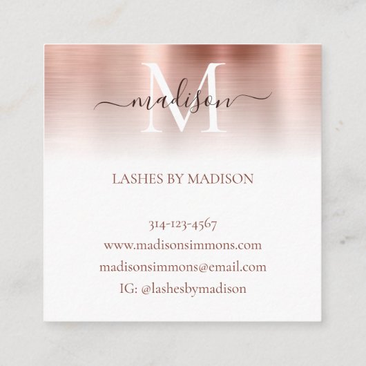 Roos Gold Brushed Metal Monogram Elegant Script Vierkante Visitekaartje (Achterkant)