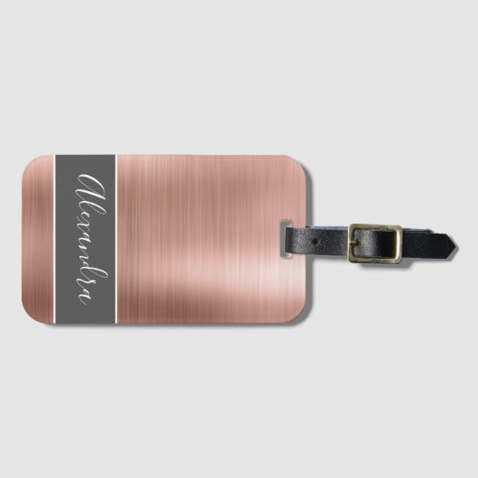 Roos Gold Brushed Metal Monogram Naam Bagagelabel (Voorkant (horizontaal))