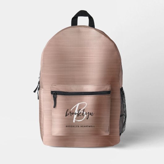 Roos Gold Brushed Metal Script Monogram Naam Bedrukte Rugzak (Voorkant)
