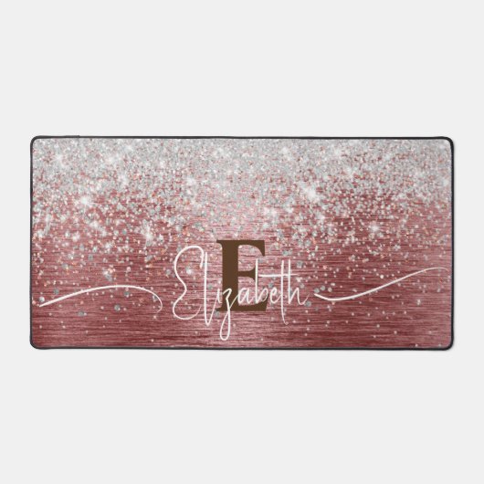 Roos Gold Brushed Metal Silver Glitter Monogram Bureaumat (Voorkant)