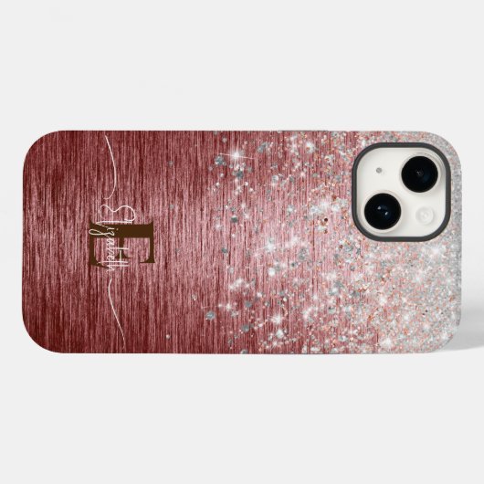 Roos Gold Brushed Metal Silver Glitter Monogram Case-Mate iPhone Case (Achterkant (horizontaal))