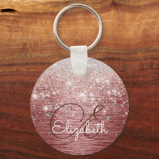 Roos Gold Brushed Metal Silver Glitter Monogram Sleutelhanger (Achterkant)