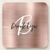 Roos Gold Brushed Metal Zwart Wit Monogram Bier Onderzetter (Voorkant)