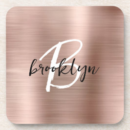 Roos Gold Brushed Metal Zwart Wit Monogram Bier Onderzetter