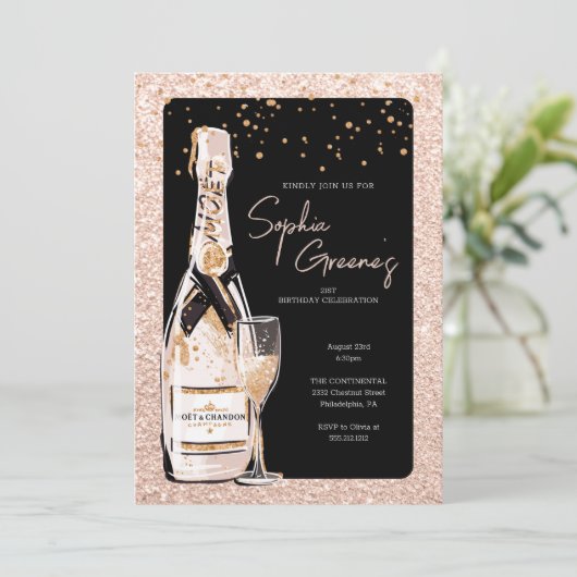 Roos Gold Bubble Champagne Birthday Party Kaart (Staand voorkant)