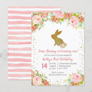 Roos Gold Bunny 1st Birthday Floral Invitation Kaart