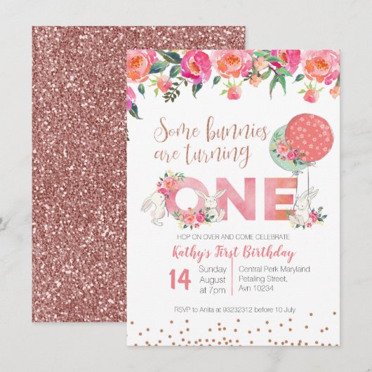 Roos Gold Bunny TWIN Birthday Floral Kaart (Voorkant / Achterkant)