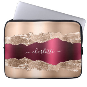 Roos gold burgundy agate marmer name script laptop sleeve