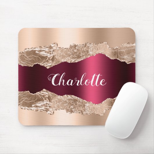 Roos gold burgundy agate marmer name script muismat (Met muis)