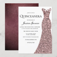 Roos Gold Burgundy Dress Quinceanera Invite