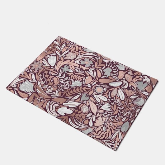Roos Gold Burgundy Floral Illustration Pattern Deurmat (Schuin)