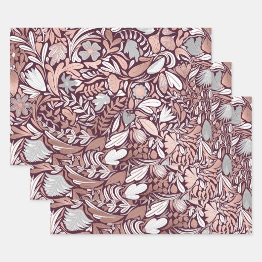 Roos Gold Burgundy Floral Illustration Pattern Inpakpapier Vel (Set)