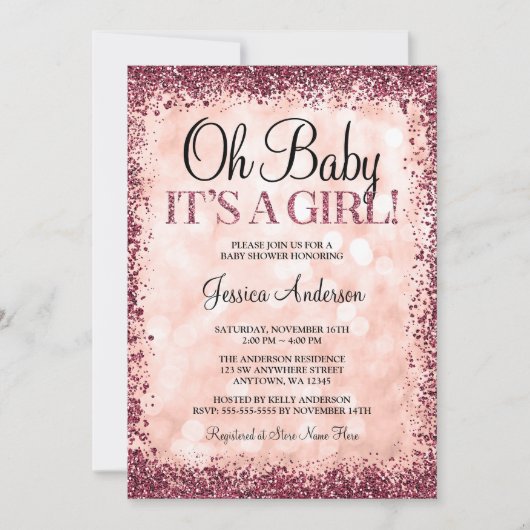 Roos Gold Burgundy Glitter Lights Baby shower Kaart (Voorkant)