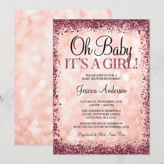 Roos Gold Burgundy Glitter Lights Baby shower Kaart (Voorkant / Achterkant)