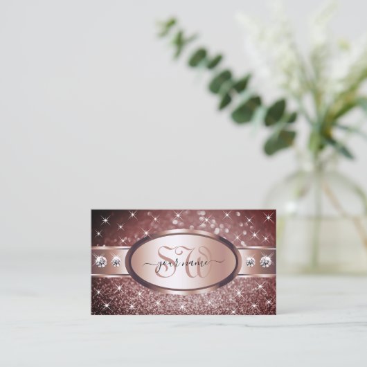 Roos Gold Burgundy Glitter Sparkle Jewels Monogram Visitekaartje (Staand voorkant)