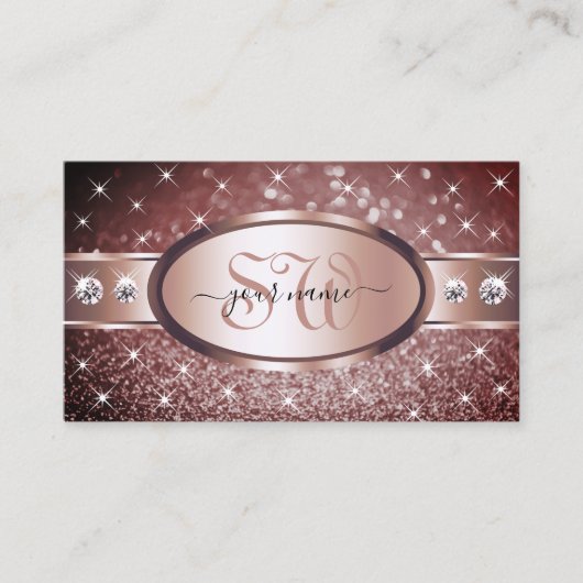 Roos Gold Burgundy Glitter Sparkle Jewels Monogram Visitekaartje (Voorkant)
