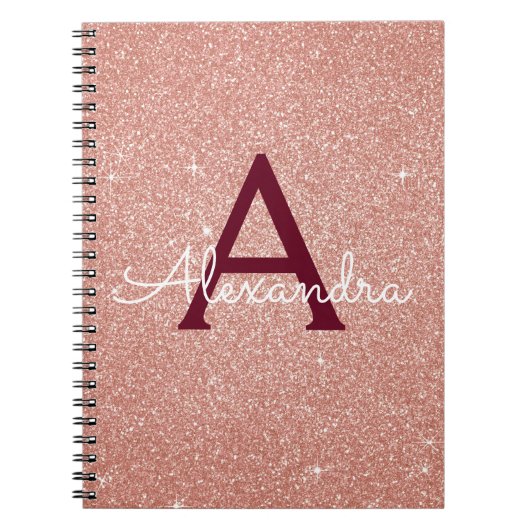 Roos Gold Burgundy Glitter Sparkle Monogram Notitieboek (Voorkant)