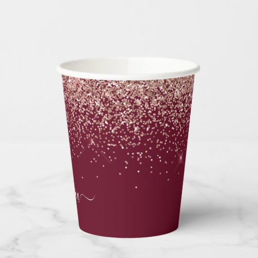 Roos Gold Burgundy Glitter Sparkle Monogram Papieren Bekers (Links)