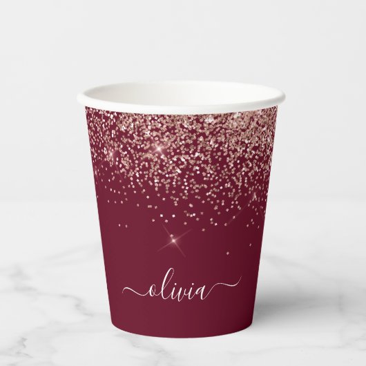 Roos Gold Burgundy Glitter Sparkle Monogram Papieren Bekers (Voorkant)