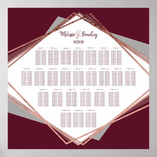 Roos Gold Burgundy Gray Geometric Seating Chart Poster (Voorkant)