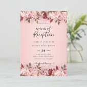 Roos Gold Burgundy Pink Floral Wedding Invites Kaart (Staand voorkant)