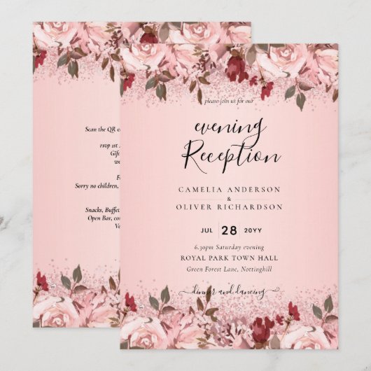 Roos Gold Burgundy Pink Floral Wedding Invites Kaart (Voorkant / Achterkant)