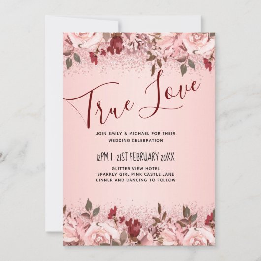 Roos Gold Burgundy Pink Floral Wedding Kaart (Voorkant)