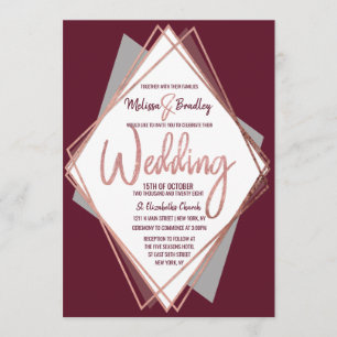 Roos Gold Burgundy Red Grey Geometric Wedding Kaart