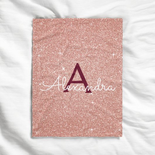 Roos Gold Burgundy Sparkle Glitter Monogram Naam Fleece Deken