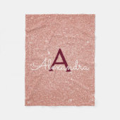 Roos Gold Burgundy Sparkle Glitter Monogram Naam Fleece Deken (Voorkant)