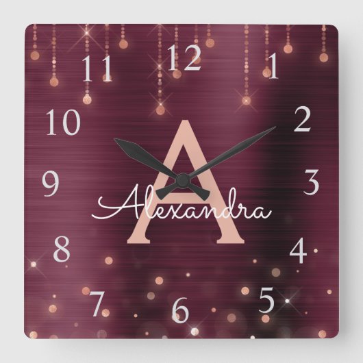 Roos Gold Burgundy Sparkle Monogram Naam en Initia Vierkante Klok (Voorkant)