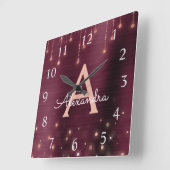 Roos Gold Burgundy Sparkle Monogram Naam en Initia Vierkante Klok (Hoek)