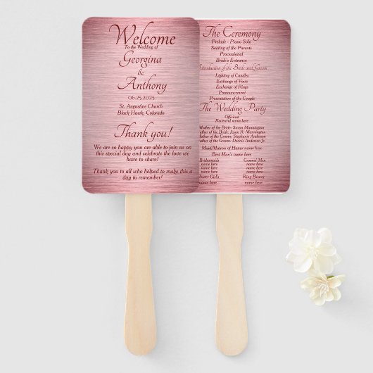 Roos Gold Burgundy Wedding Ceremony Program Handwaaier (Voorkant en achterkant)