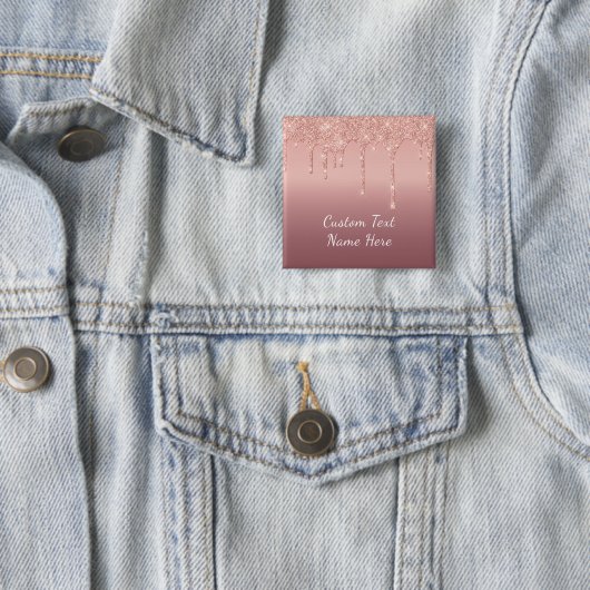 Roos Gold Burron Glitter Drips Aangepaste tekstnaa Vierkante Button 5,1 Cm (In situ)