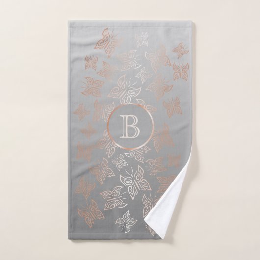 Roos Gold Butterflies Gray Pattern Monogram Handdoek (Handdoek)