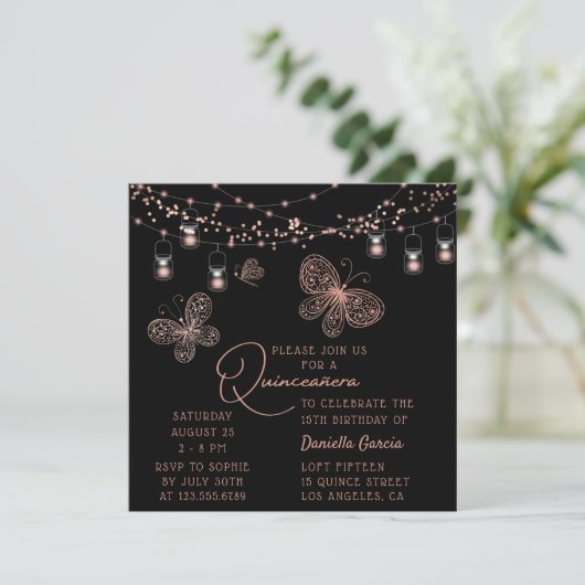 Roos Gold Butterfly Chic Modern Quinceañera Kaart (Staand voorkant)