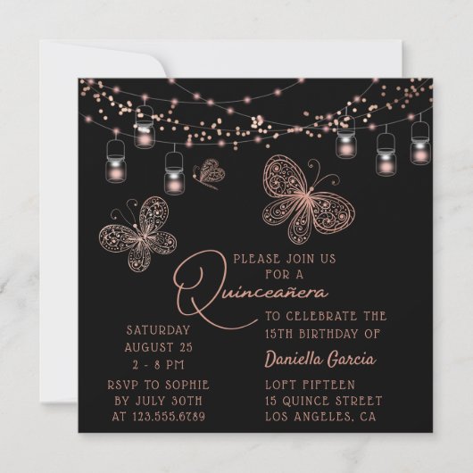 Roos Gold Butterfly Chic Modern Quinceañera Kaart (Voorkant)
