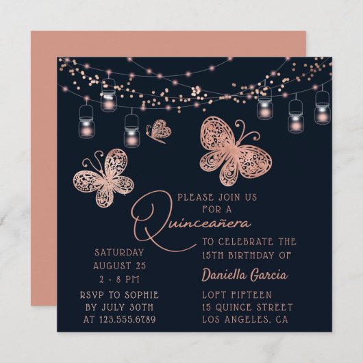 Roos Gold Butterfly Chic Modern Quinceañera Kaart (Voorkant / Achterkant)