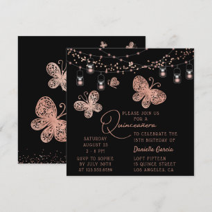 Roos Gold Butterfly Chic Modern Quinceañera Kaart