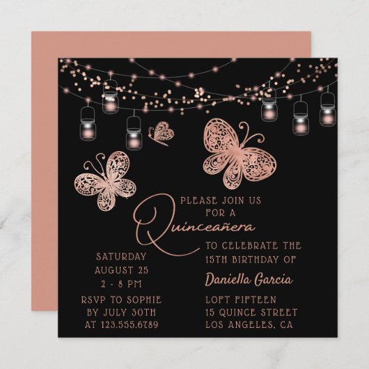 Roos Gold Butterfly Chic Modern Quinceañera Kaart (Voorkant / Achterkant)