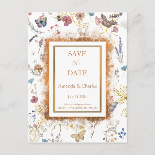 Roos Gold Butterfly Garden Save The Date Briefkaar Briefkaart (Voorkant)