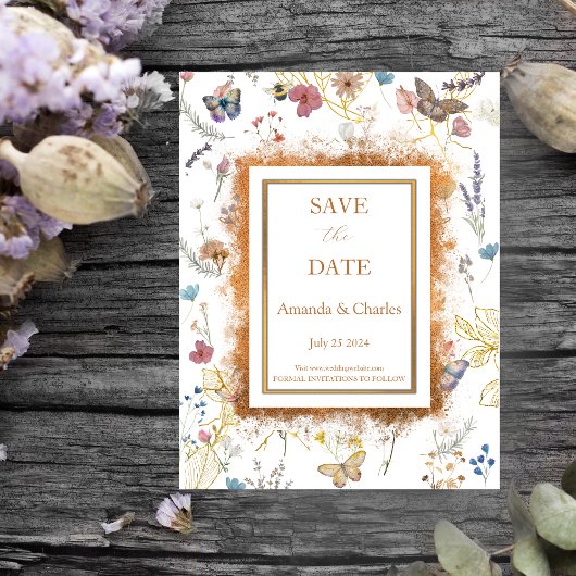Roos Gold Butterfly Garden Save The Date Briefkaar Briefkaart