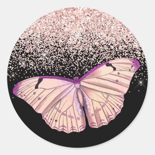 Roos Gold Butterfly Glitter Ronde Sticker (Voorkant)