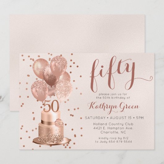 Roos Gold Cake 50th Birthday Invitation Kaart (Voorkant / Achterkant)