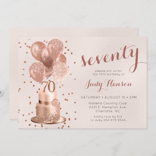 Roos Gold Cake 70e verjaardag uitnodiging (Voorkant / Achterkant)