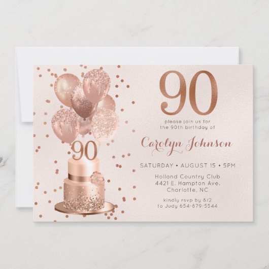 Roos Gold Cake 90th Birthday Invitation Kaart (Voorkant)