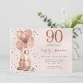 Roos Gold Cake 90th Birthday Invitation Kaart (Staand voorkant)