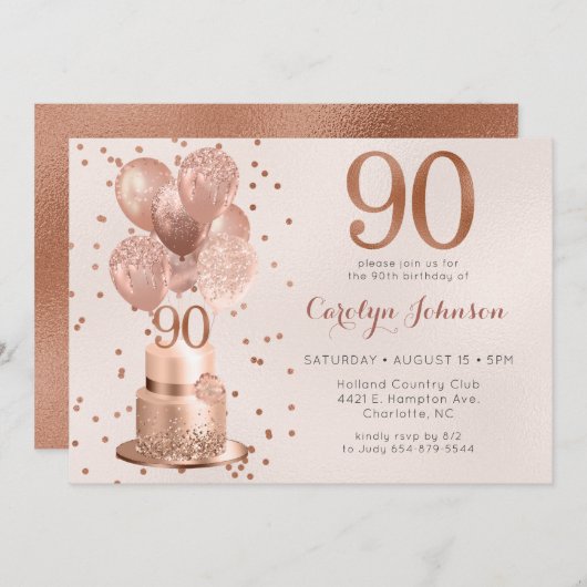 Roos Gold Cake 90th Birthday Invitation Kaart (Voorkant / Achterkant)