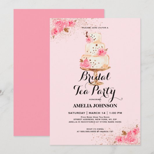 Roos Gold Cake Tea Party Bruids Douche Uitnodiging (Voorkant / Achterkant)