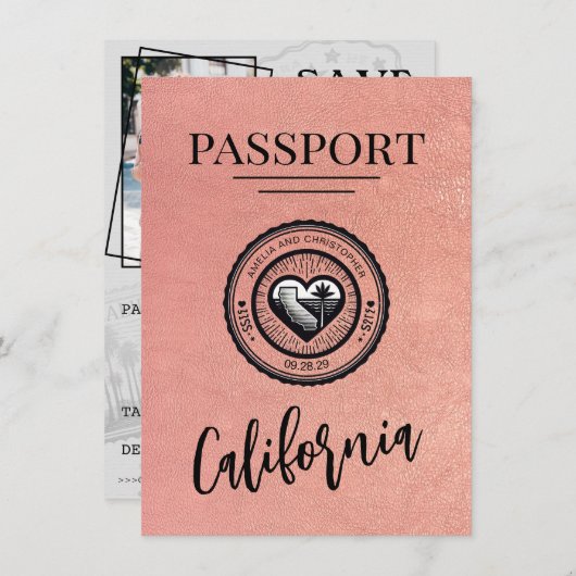 Roos Gold California Passport Bewaar de datum Save The Date (Voorkant / Achterkant)